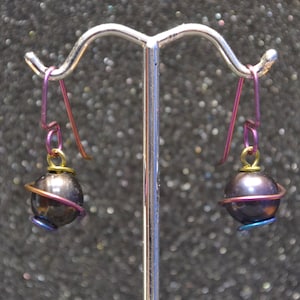 Rainbow Niobium And Black Pearl Wrapped Bead Earrings - Anodized wire, genuine freshwater pearls, non-plated, nickel free, hypoallergenic.