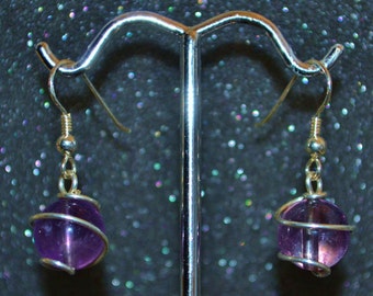 Amethyst Wrapped Bead Earrings - Silver, genuine natural gemstone, dangle bead, handmade, non-plated, nickel free and hypoallergenic.