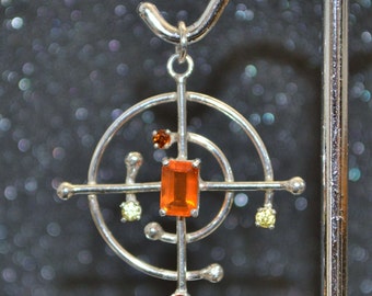 Sterling Silver Geometric Mexican Fire Opal, Sapphire and Garnet  &quot;Broken Circle&quot; Pendant Charm. Completely nickel free and hypoallergenic.