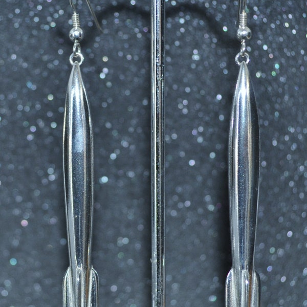 Hollow Cast Long Rocket Earrings - Silver smooth dimensional outer space exploration vehicles, Hugo inspired, no nickel and hypoallergenic.