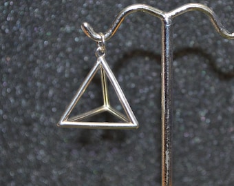 Cast Tetrahedron Pyramid Pendant Or Charm (d4)- Silver, 3D, geometric, triangular wire outlines, non-plated, nickel free and hypoallergenic.