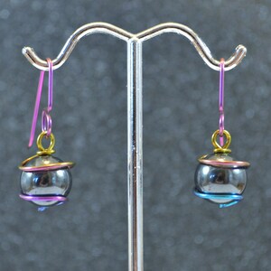 Rainbow Niobium and Metallic Gray Hematite Wrapped Bead Earrings - Anodized wire, genuine gemstone beads, nickel free and hypoallergenic.