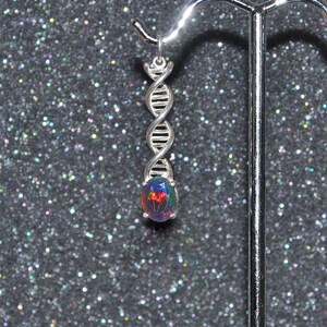 Double Helix DNA Pendant or Charm with Black Welo Opal. Sterling silver, 8 x 6 mm faceted gem, non plated, no nickel and hypoallergenic.