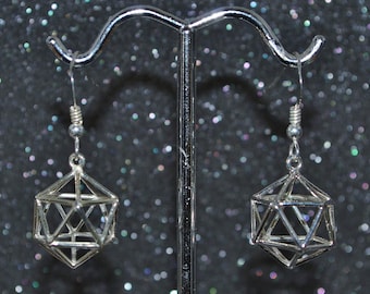 Cast Icosahedron Small Light Dangle Earrings (d20) - Silver, 3D, geometric, wire outlines, non-plated, nickel free and hypoallergenic.