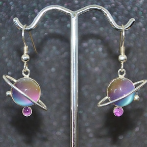 Silver, Moonstone, Amethyst and Niobium Saturn Planet Earrings- Choose a Size! Geniune stones, non-plated, nickel free and hypoallergenic.