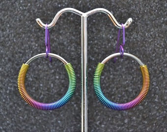 Multicolor Niobium 1 1/16&quot; (28 mm) Dangle Coil Circle Earrings - Rainbow anodized, arc welded, nickel free and hypoallergenic.