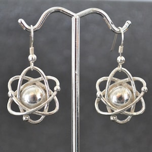 Hollow Cast Dimensional Atom Earrings -  Sterling silver stylized subatomic structure models, non-plated, nickel free and hypoallergenic.