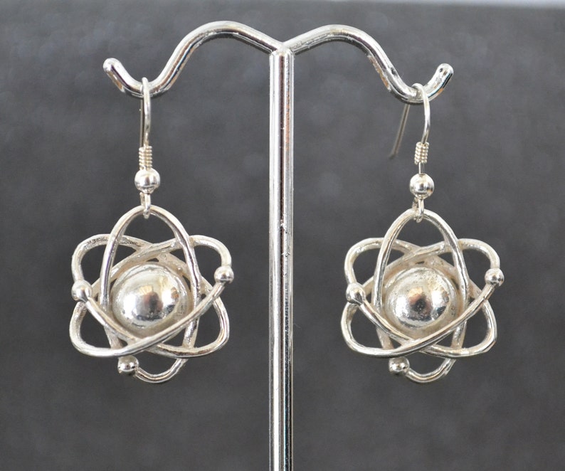 Pu&ograve; includere: Orecchini in argento a forma di atomo con un centro sferico e un design delicato e intricato. Gli orecchini sono appesi a un gancio in argento.