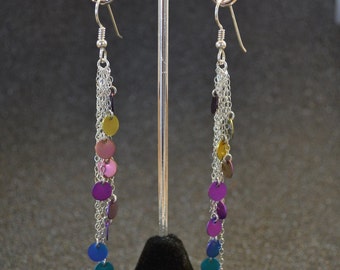 Rainbow Niobium "Confetti" Shower Dangle Earrings.  Cascading multicolored disks, silver, non-plated, nickel free and hypoallergenic.