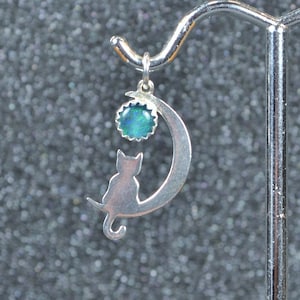 Sterling Cat On Crescent Moon Pendant Or Charm - Choose a Gemstone!  Dainty, simple, abstract, minimalist, nickel free and hypoallergenic.