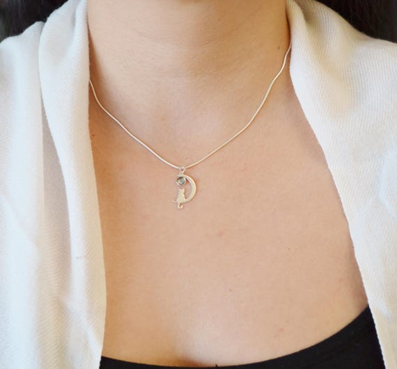 Aniu Collana Donna Argento 925, Ciondolo Gatta sulla Luna con Zirconi per Ragazza, Animale, Idee Regalo Elegante per Compleanno Mamma e Lei, Viene Fornito con una Scatola Nera di Gioielli, Catena 46cm