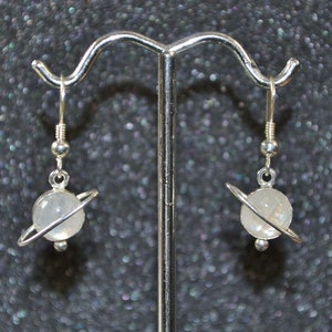 Rainbow Moonstone and Amethyst Saturn Earrings-Choose a Size!  A planetary theme in genuine stones, non-plated no nickel and hypoallergenic.