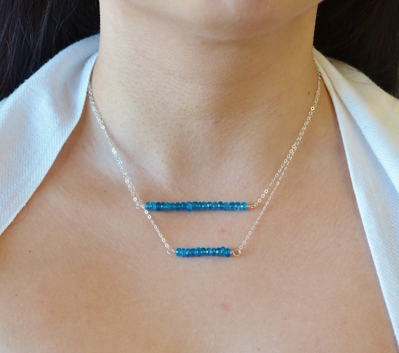Sterling Silver with Blue Topaz Bead Bar Necklace - Adjustable Length Sterling Silver with Blue Topaz Bead Bar Necklace - Adjustable Length