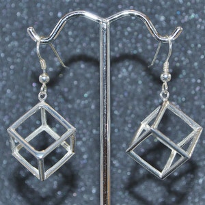 Cast Hexahedron Cube Dangle Earrings (d6) - Silver, 3D squares, geometric, round wire outlines, non-plated, nickel free and hypoallergenic.