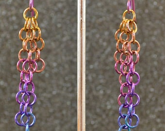 Rainbow Ombre Niobium Graduated Chain Dangle Earrings. Iridescent rainbow color, niobium ear wire, non-plated, no nickel and hypoallergenic.