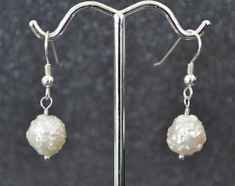 Rosebud, Satellite Or Baroque Iridescent White Pearl Earrings. Silver, genuine natural gems, non-plated, nickel free and hypoallergenic.