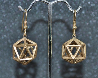 Cast Icosahedron Dangle Earrings (d20) - Bronze, 3D, geometric, triangular wire outlines, non-plated, nickel free and hypoallergenic.