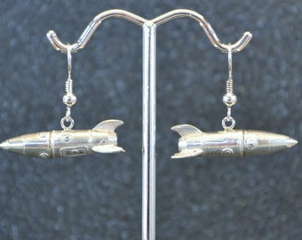 Hollow Cast "In Flight" Atomic Rocket Earrings - Sterling 3D outer space exploration vehicle, NASA inspired, no nickel and hypoallergenic.