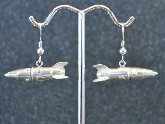 Hollow Cast "In Flight" Atomic Rocket Earrings - Sterling 3D outer space exploration vehicle, NASA inspired, no nickel and hypoallergenic.