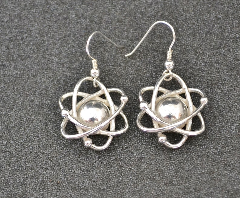 Pu&ograve; includere: Un paio di orecchini a forma di atomo in argento. Ogni orecchino presenta un atomo in argento con un centro rotondo e un gancio in argento.