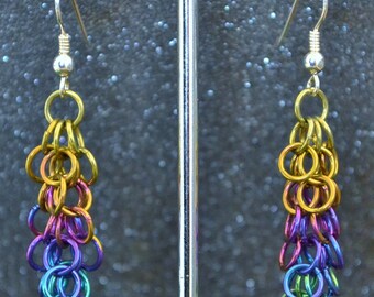 Rainbow Niobium Ombre "Shaggy Loop" Dangle Earrings. Iridescent rainbow colors, silver ear wires, non-plated, no nickel and hypoallergenic.