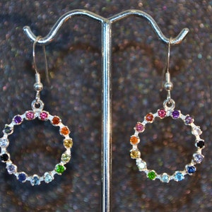 Sterling Silver Rainbow Gemstone Circle Dangle Earrings- A prism of genuine stones in an eternity setting. Nickel free and hypoallergenic.