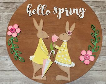 Spring door hanger, bunnies round door blank, bunny DIY wreath hanger.