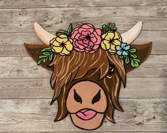 Highland Cow door hanger, front door decor, farm house animal,