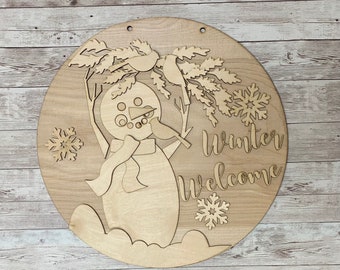 Snow Globe Winter  Door Hanger, Door Decor Wood Blank, Winter Trees, Snowman, DIY Cutout for Front Door