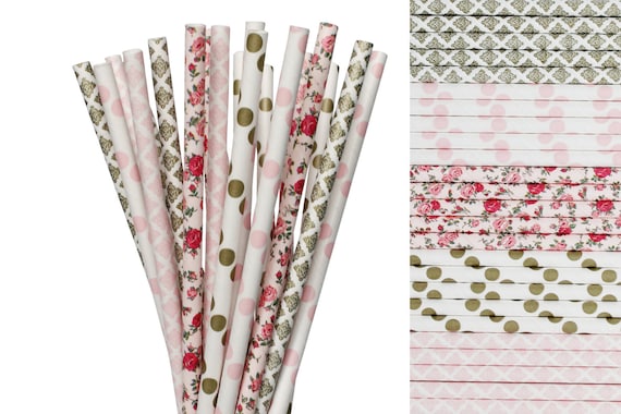 Blush pink gold Tea Party Paper Straws, brunch bridal shower, flower baby shower, babys first birthday, blush floral decor, first communion Il_570xn