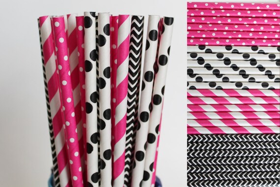 Hot Pink And Black Paper Straw Mix Polka Dot Straws Hot Pink