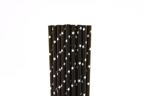 Black with White Star Paper Straws-Black Straws-Star Straws-Sleepover Party Straws-Tween Party Straws-Cake Pop Sticks-Paper Drinking Straws Il_570xn