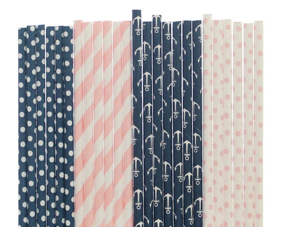 Pink Baby Shower Paper Drinking Straws //Gender Reveal Party Decoration Blue