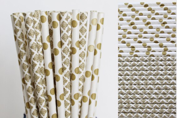 Gold Paper Straw Mix-Metallic Gold Straws-Polka Dot Straws-Damask Straws-Wedding Straws-Party Straws-Mason Jar Straws-Gold Paper Straws Il_570xn