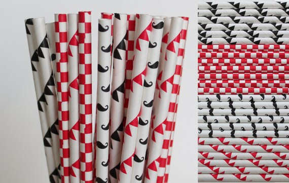 Red and Black Mustache Paper Straw Mix-Black Pennant Banner Paper Straws-Red Checkerboard Paper Straws-Mustache Paper Straws-Mustache Party Il_570xn