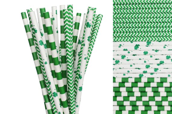 Saint Patrick's Day Paper Straw Mix-Green Striped Straws-Shamrock Paper Straws-Irish Paper Drinking Straws-Four Leaf Clover Straws Il_570xn