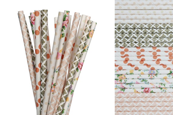 Peach and Gold Paper Straw Mix-Peach Damask Straws-Flower Fairy Straws-Floral Straws-Gold Party Straws-Spring Wedding Straws-Tea Party Straw Il_570xn