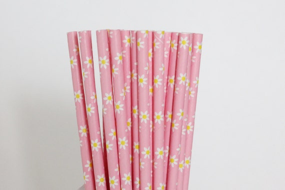 Pink with White Daisy Paper Straws-Pink Straws-Flower Straws-Party Straws-Shower Straws-Wedding Straws-Mason Jar Straws-Cake Pop Sticks Il_570xn