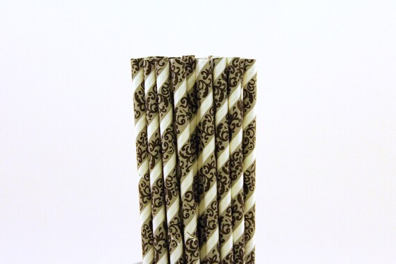 Black and Grey Striped Damask Paper Straws-Black Damask Straws-French Birthday Straws-Striped Straws-Parisian Bridal Shower Paper Straws Il_570xn