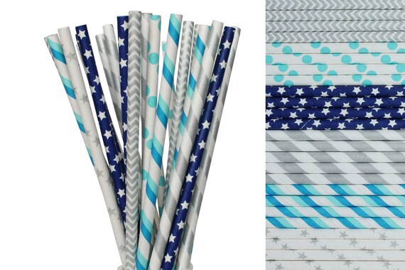 Blue and Silver Paper Straw Mix-Silver Star Straws- Striped Paper Straws-Whale Party Decor-Gender Reveal Party-Beach Drinking Straws Il_570xn