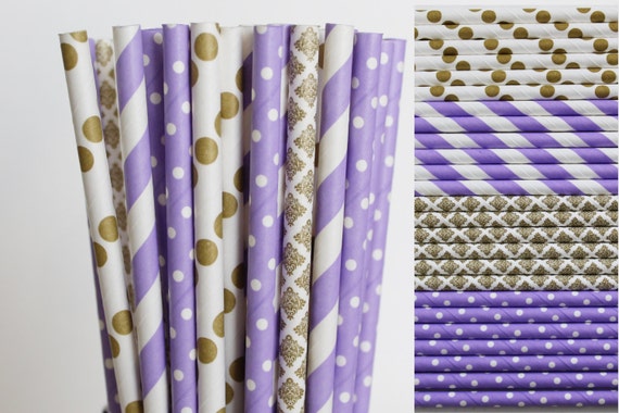 Purple and Gold Paper Straw Mix-Purple Straws-Polka Dot Straws-Damask Straws-Metallic Gold Straws-Striped Straws-Mason Jar Straws Il_570xn