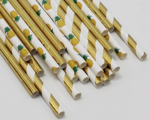 Hawaiian Luau Party, Pineapple Straws, Gold Paper Straws, Aloha Party Decor, Party Like A Pineapple, Tropical Party, Pineapple 1st Birthday Il_570xn