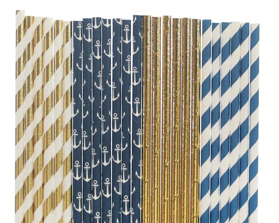 Nautical Paper Straw, Ahoy It's A Boy, Anchor Decorations, Boy First Birthday, Blue and Gold Decor, Anchor Paper Straws, Nautical Decor Il_570xn