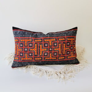 Embroidered Batik Hmong Lumbar 12&quot; x 20&quot; pillow case Tribal Cushion Farmhouse decor living room cushion cover