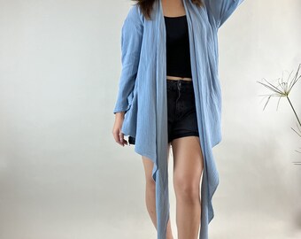 Blue Gray Woman Open Front Plus Size Long Cardigan Cotton gauze Jacket Muslin Cardigan Boho Hooded Duster Coat Oversize Hoodie Kimono