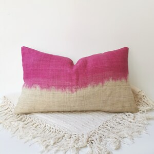 Hot Pink and Off White Hand Woven Hemp Pillow Cover Lumbar 12&quot; x 20&quot; Pink Hmong Hemp Pillow cover