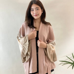 Neutral Beige Boho Ruffled Bell Sleeves Kimono Jacket Tie Dye Front Tie Loose Top Short Dress Oversize Cardigan Muslin Robe Oversize Duster