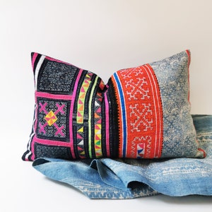 Embroidered Hmong Lumbar 12&quot; x 20&quot; pillow case Tribal Cushion Farmhouse decor living room cushion cover