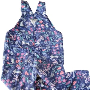 VTG Oshkosh B Gosh Girls 18M Blue Floral Vestbak Overalls Flowers Bunny Rabbits