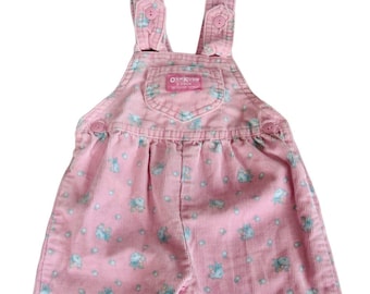 VTG Oshkosh Girls 12M Pink Corduroy Floral Overalls Flowers • Union Label • USA MADE